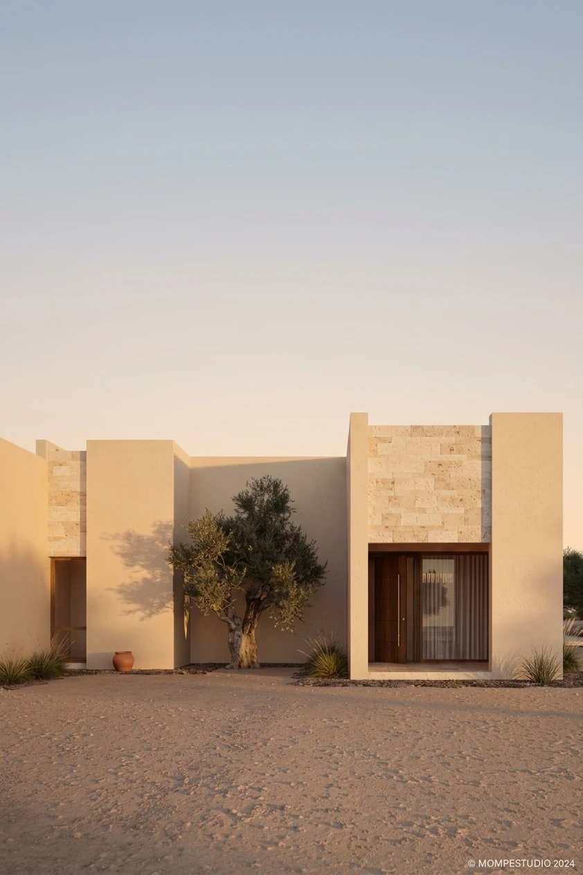 Fachada de muro claro y piedra con olivo al atardecer