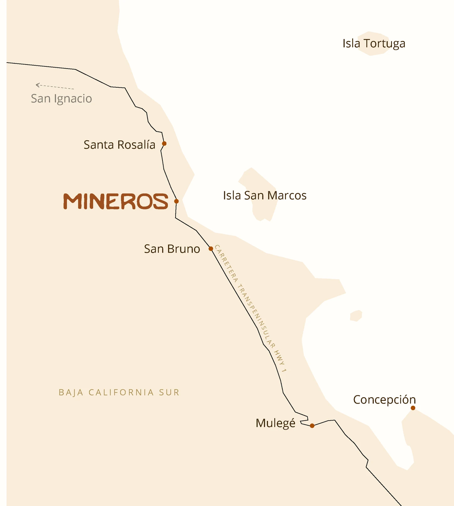 Mapa de la costa de Baja California Sur con la ubicación de Mineros